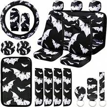 20 Pieces Bats Car Seat Covers Black Bats Pattern Car Accories Set Steering Wheel Cover Seat Belt Pad Handbrake Console Armrest Pad Gear For Universal - Black - View 2