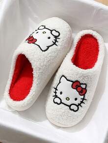 New Winter Sanrio-Hello Kitty Bow & Paw Embroidery Side Seam Closed Toe Slip-On Slippers For Women, Cute & Elegant Cat Design Slippers, Wide Fit, Warm Plush Lining Thick Women House Slippers, Suitable For Adult Women Daily Indoor Casual, Bedroom, Living Room, Party, Holiday Gift - trắng - Xem 9