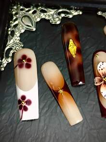 10pcs Glossy Y2K French Style Nail Stickers, Pink Nails, Red Nails, Light Blue Nails, Shiny Brown Nails, 3D Handmade Starfish & Shell Decor, 3D Hand-Painted Water Wave, Cherry, 3D Colorful Carved Flower Rectangle Acrylic Nails, Perfect For Bikini Beach Matching. - 摩卡棕 - 查看 7