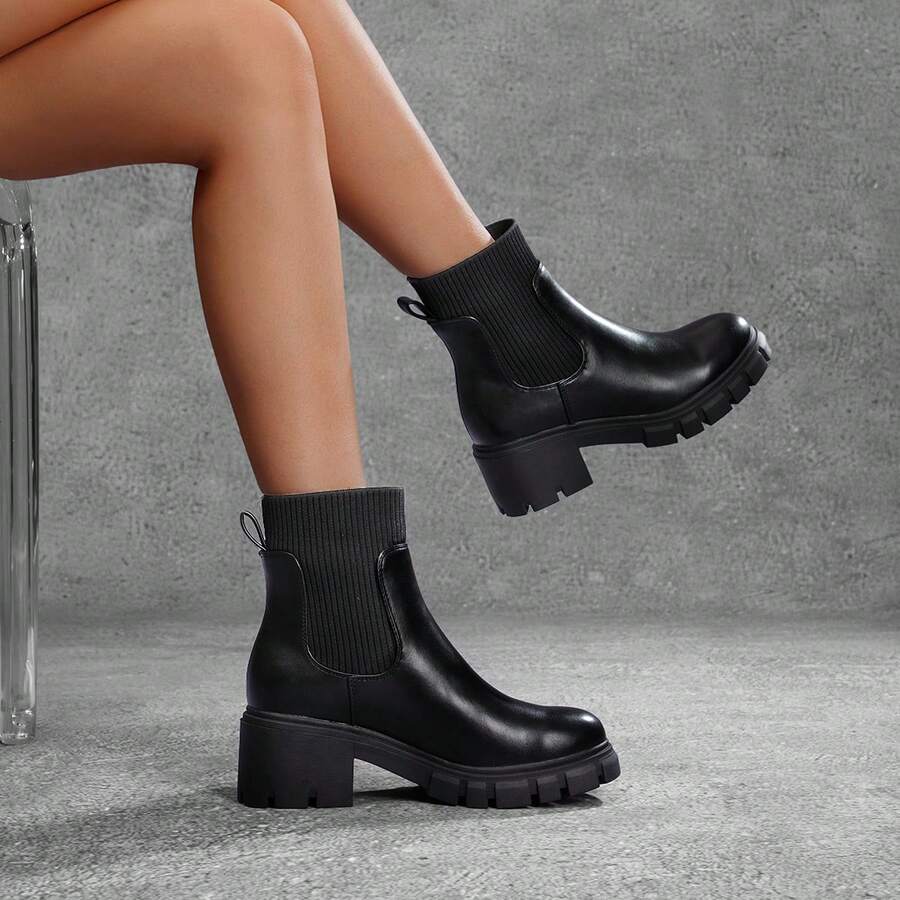 Athlefit Christmas Winter Womens Chunky Chelsea Boots Platform Lug Sole Ankle Boots - 黑色 - 查看 1