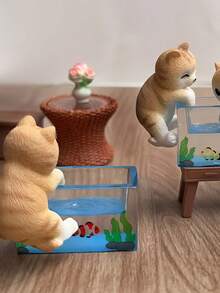 3件套 - 迷你可爱猫咪和鱼缸摆件，迷你树脂桌面装饰品，创意微景观装饰小雕像摆件 - 彩色 - 查看 6