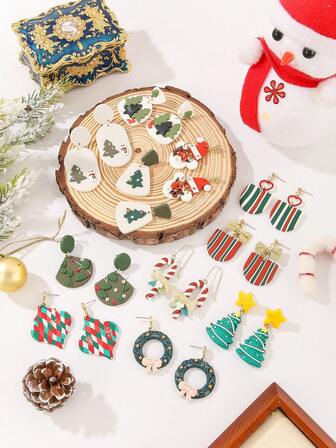 1 Pair Polymer Clay Christmas Earrings Set, Cute Holiday Statement Dangle & Studs With Santa, Snowman, Tree, Wreath, Candy Cane And Stocking Motifs; Lightweight Handmade Cartoon Style In A Festive Color Mix; Comfy To Wear, Perfect Gift For Parties, Secret Santa And Stocking Stuffers