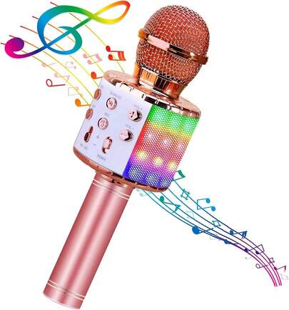 4 en 1 micrófono inalámbrico de karaoke con luz LED, micrófono portátil para niños, es un gran halloween, juguete de regalo de navidad para niños, niñas, niños y adultos ♫ [4 en 1 micrófono de karaoke] este micrófono inalámbrico portátil de mano se puede usar como micrófono o como altavoz, amplificador o dispositivo de grabación. Es un pequeño dispositivo de karaoke familiar que se puede utilizar para reproducir música en cualquier momento y cantar.