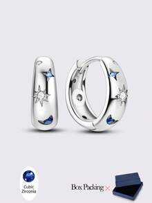 1 Pair Original Design 925 Sterling Silver Hoop Earrings For Women Hypoallergenic Class Style Star Moon Shape Elegance Jewelry Gifts High Quality Cubic Zirconia Fits Daily Party Shopping Festival Banquet Party Wear