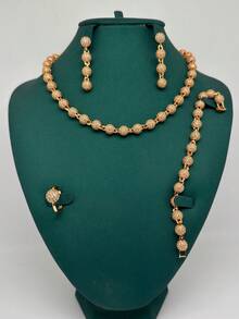 4 件套奢华全水钻首饰套装：项链、耳环、戒指、手链、闪亮白/黑色方晶锆石、女士派对、婚礼、新娘、中东、沙特、迪拜 - 金色 - 查看 1