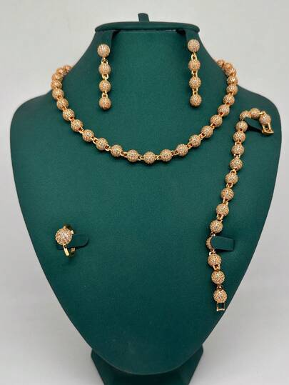 4 件套奢华全水钻首饰套装：项链、耳环、戒指、手链、闪亮白/黑色方晶锆石、女士派对、婚礼、新娘、中东、沙特、迪拜