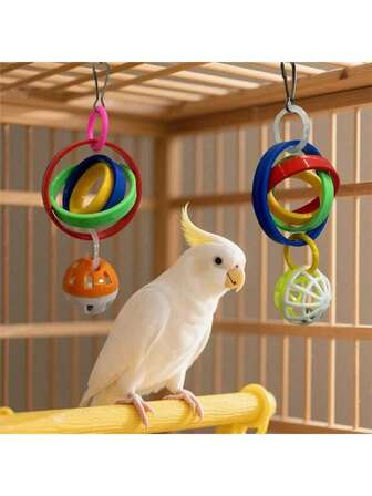 彩色铃铛球悬挂鹦鹉玩具，耐用的互动咀嚼玩具，小鸟无聊缓解铃铛球，鸟笼装饰配件，多功能鸟类玩具，用于咀嚼和缓解无聊（随机颜色）