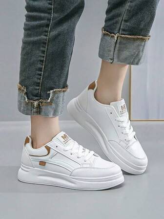 2025 New Spring/Autumn Fashion Casual Versatile Thick Sole Lace-Up White Platform Sneakers, Waterproof, Women's Skateboard Shoes