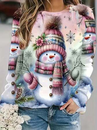 Women's Christmas Print Crew Neck Long Sleeve Sweatshirt, Autumn/Winter