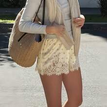 Boho Women's Lace Trim Satin Silk Shorts Shiny Elastic Waist Mini Shorts Pettipants Half Slip Shorts French Knickers Boyshorts For Dresses Full Coverage Underwear Lounge Pants - 杏色 - 查看 5