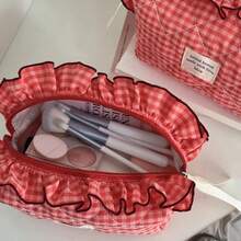 Bolsa de maquillaje a cuadros roja y blanca con ribete de encaje, bolsa de cosméticos portátil de gran capacidad para viajes de mujeres - Rojo - Ver 2
