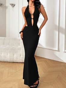 WOWDARK Women's Sexy Deep V-Neck Backless Casual Halter Dress, Summer - Black - View 2