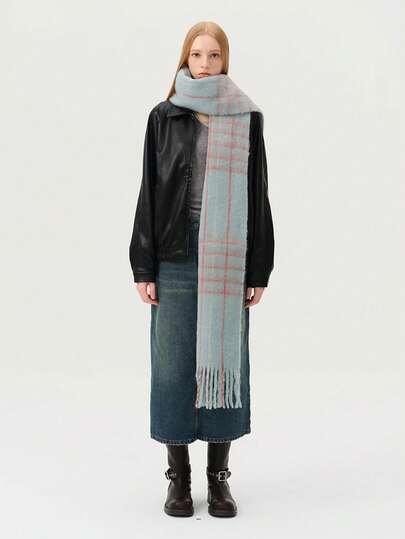 Eșarfă de cașmir în culori pastelate de iarnă nouă, șal pentru femei în carouri cu ciucuri la modă, eșarfă de cașmir tricotată unisex, caldă și groasă