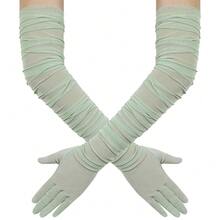 Hazhlko Women's Super Long Stretchy Ruched Mesh Tulle Sheer Gloves Costume Opera Party 1920's Dance Gloves{"Color_name":"Sage"} - Sage - 查看 1