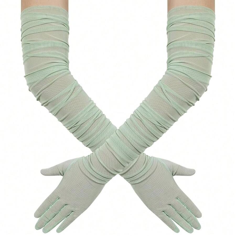 Hazhlko Women's Super Long Stretchy Ruched Mesh Tulle Sheer Gloves Costume Opera Party 1920's Dance Gloves{"Color_name":"Sage"} - Sage - 查看 1