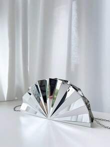 1pc Metallic Striped Asymmetric Clutch Bag, Elegant Formal Occasion Handbag, Minimalist Fashion Women's Evening Bag, Japanese Party Purse - Silver - View 1