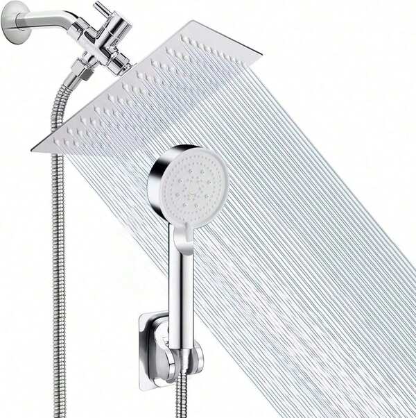 Bathroom 8-Inch Chrome/Matte Black Shower Head Ultra-Thin Square Rainfall Shower Head High-Pressure 3-Setting Handheld Showerhead With 150cm Hose Easy Installation
