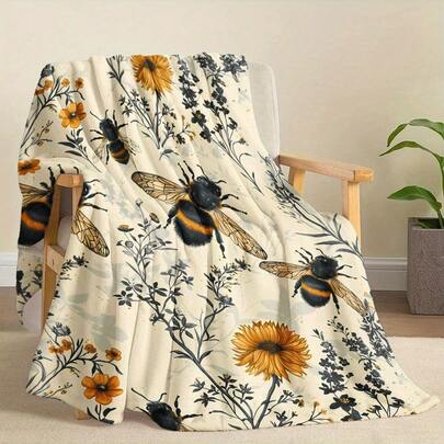 Bee And Wildflower Themed Flannel Throw Blanket - 100% Polyester Knitted Quilted Blanket With Digital Print - All Season Cozy Bedding Perfect For Napping, Camping, Travel - Ideal Gift For Friends And Family, Cozy Flannel Blanket - Multiple Sizes Available, Ultra Soft For Sofa/Bed, Winter Necessity