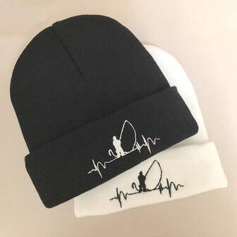 1pc Outdoor Casual Fishing Embroidered Knit Beanie Hat, Unisex For Fishing Enthusiasts, Autumn/Winter