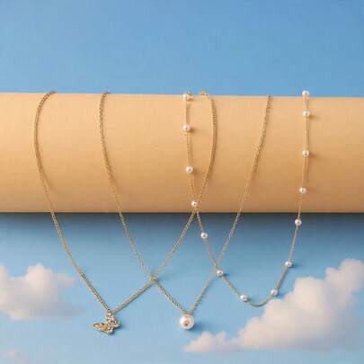 Set de collares colgantes de corazon, set de cascada collar de corazon, dorado simple, dorado con brillantes, collar de corazon, 3 piezas