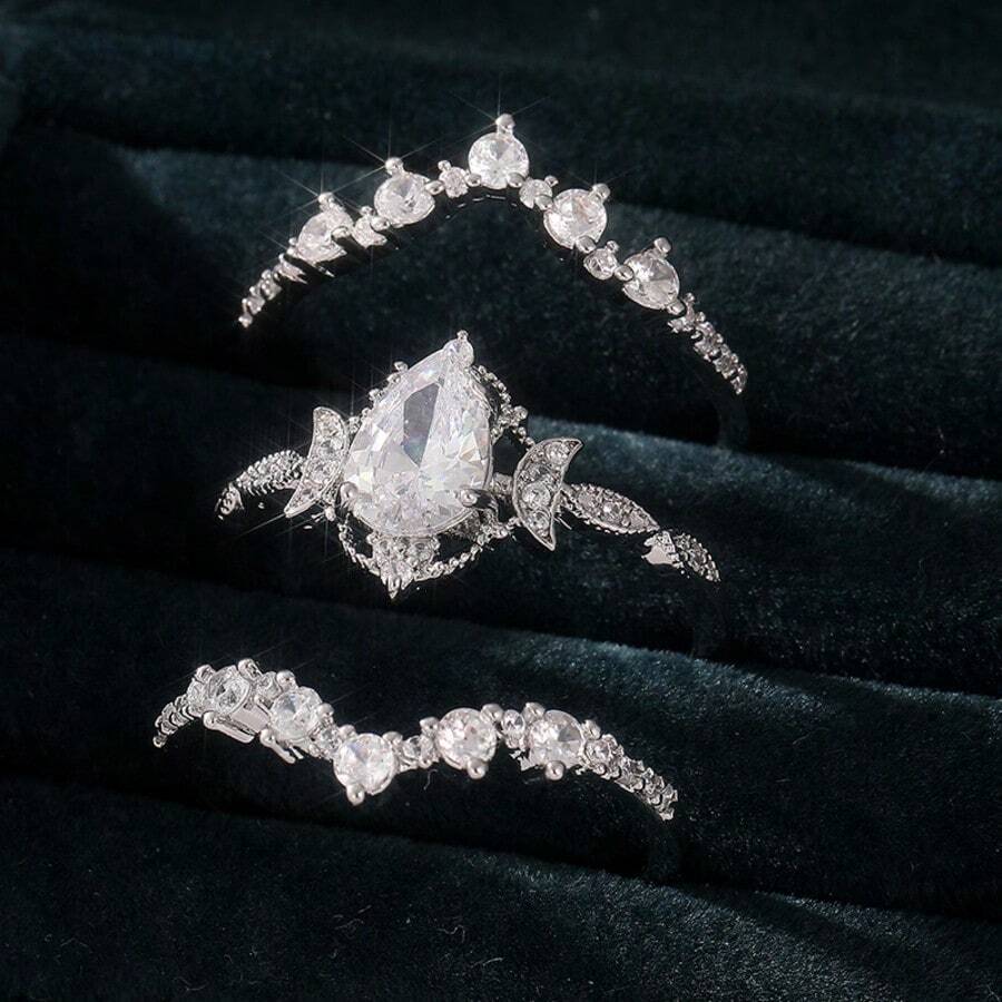 3pcs/Set Elegant Luxury And Shiny Water-Drop Synthetic Zirconia Rings, An Elegant Jewelry Accessory For Women's Festival Banquets, Suitable For Any Occasion, The Perfect Holiday Gift. Elegance Never Goes Out Of Style. - Silver - View 1