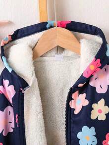 Toddler Floral Print Warm Hooded Jacket - Royal Blue - View 3