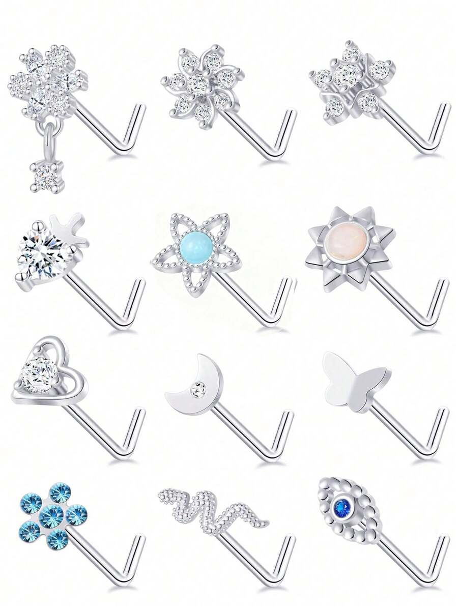 12 PCS Nose Rings Stud L Shape Nose Rings Cubic Zirconia Butterfly Flower Eye Moon Crown Heart Lightning Shape Nose Studs Piercing Jewelry For Women Men 20G Silver Tone