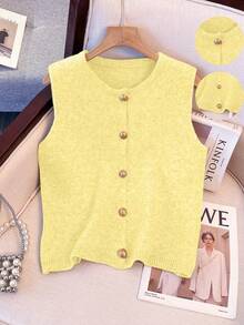 1 Áo len cardigan dệt kim màu trơn mềm mại, nhẹ nhàng, tối giản, cổ tròn, thời trang đa năng dành cho nữ, mùa thu/đông - Vàng nhạt - Xem 8