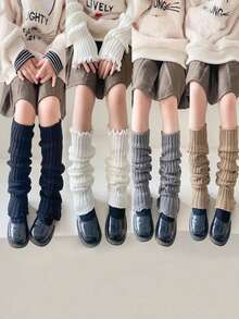 2 双/4 双儿童/青少年针织腿套，罗纹脚踝腿套，保暖腿套，秋冬时尚纯色，白色、黑色、卡其灰色，荷叶边，适合日常穿着和礼物