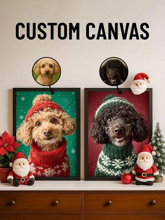 1pc Customized Pet Portrait Canvas Painting With Frame, Personalized Cat/Dog Art Piece, Christmas Holiday Decor, Portrait Painting, Animal Theme Wall Art, Suitable For Home, Office, Living Room, Bedroom, Indoor/Outdoor Decor, Unique Christmas Gift For Cat, Dog And Pet Lovers