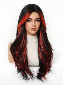 五星牌 26 英寸中分长款波浪卷假发 红色挑染假发，耐热合成假发，女士适用，适合角色扮演、日常佩戴、派对等场合 - 挑染紅色 - 查看 6