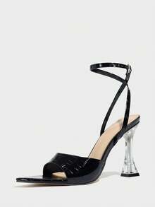 女士高跟穆勒凉鞋，尖头，可调节踝带，透明鞋跟，纯色，石材纹理，舒适材质，适合春夏季派对、旅行、郊游、庆典、通勤等场合，优雅奢华，神秘精致，黑色高跟凉鞋 - 黑色 - 查看 4