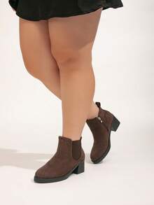 Giày bốt Chelsea gót dày có khóa kéo bên hông dành cho nữ, Giày bốt cao gót thời trang màu trơn thanh lịch, Giày bốt cao gót đế dày có dây chun, Giày bốt mùa thu - Cà phê nâu - Xem 5