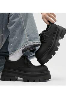 男士厚底圆头德比鞋 - 系带哑光深色乐福鞋，时尚复古正式礼服鞋和婚礼礼服鞋 - 黑色 - 查看 7