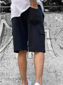 Men's Black Cargo Bermuda Shorts, Wide Leg With Elastic Waistband, Adult Shorts, Drawstring, Loose Fit, Pockets, Summer Style - Negro - Ver 6