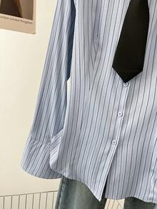 Spring Women's Collared Striped Cinching Waist Blouse With Flared Sleeves, Valentine's Day