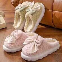 2pcs Women's Plush Lined Warm Slippers, Cute Bow Design, Memory Foam House Slippers, Thick Fluffy Indoor Slippers