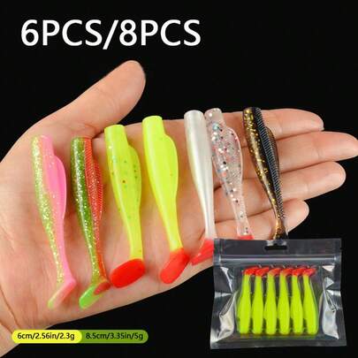 8pcs/Set Headless Soft Fishing Lures, TPR Floating T-Tail, 6cm 2.3g Bionic Soft Worm Fishing Bait