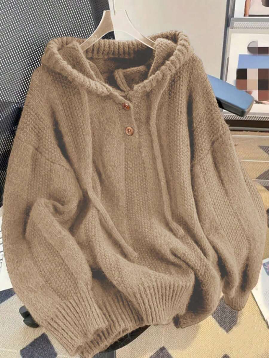 Solid Color Casual Minimalist Drawstring Hooded Pullover Sweater - Khaki - View 1