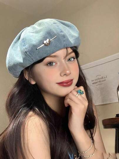 1 件心形水洗贝雷帽，轻盈透气的八角形艺术家帽，大头围，美观，优雅时尚，适合休闲日常穿着秋季配饰