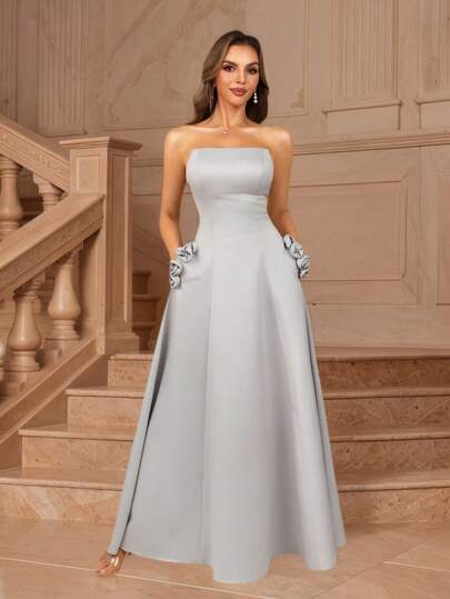 MOEVIO Elegant Sexy Off Shoulder Satin 3D Rose Backless Bodycon Flared Long Formal Chic Graduation Dress, Luxury Evening Gala Ball Gown Dress Wedding Guest Homecoming Back To School Party Dress, Fall Winter Halloween Birthday New Year Dresses For Women