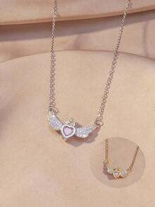 1pc Copper Cubic Zirconia V-Shaped Angel Wing Pendant Necklace, Charming Luxury Fashion Delicate Design Choker Chain Necklace For Women, Party Decor