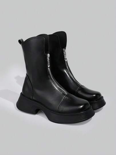 DareSee 女士时尚前拉链厚底靴，修身短靴，秋冬季踝靴，女士圣诞礼物