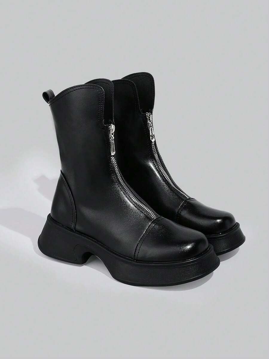 DareSee 女士时尚前拉链厚底靴，修身短靴，秋冬季踝靴，女士圣诞礼物