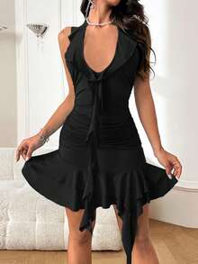 Vestido corto con cuello halter, espalda descubierta y volantes para mujer, para otoño de la marca WOWDARK - Negro - Ver 2