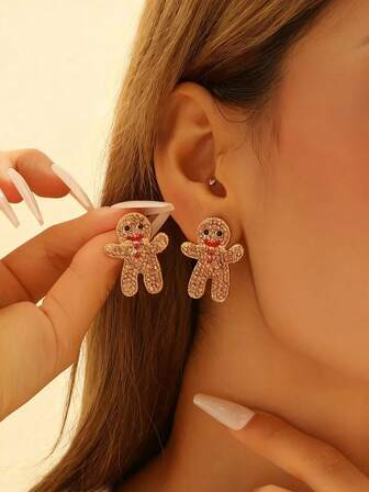 Pendientes de mujer elegantes y lindos con forma de hombre de jengibre con rhinestones, diseño de dibujos animados a la moda, hipoalergénicos, perfectos como regalo de San Valentín, accesorio para fiestas, joyería de temporada invernal, regalo festivo para familiares y amigos