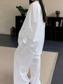 Conjunto informal de blusa de manga larga con botones delanteros y pantalones de unicolor blanco para primavera - Blanco - Ver 6