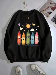 2026 New Year Outfit Women's Round Neck Sweatshirt - Olive Green Casual Pullover With Cute Crayon Pattern, Machine Washable Daily Sweater, Suitable For Art Teachers, Kindergarten Teachers' Fun Educational Clothing Gift, Cute Sweatshirt, Essential For Art Teachers, Kindergarten Dress Up, Cartoon Print Design, Comfortable Fit, Durable Fabric Loose And Comfortable Winter Clothes For Women - 黑色 - 查看 12