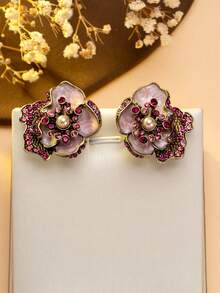 1 对女士复古花朵耳环，彩色水晶和珍珠镶嵌，夸张的花朵耳环，适合复古主题派对、欧美时尚服装、晚会和艺术展览，展现复古魅力 - 彩色 - 查看 6