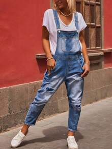 Overoles de mezclilla skinny con parches desgastados de unicolor para mujer